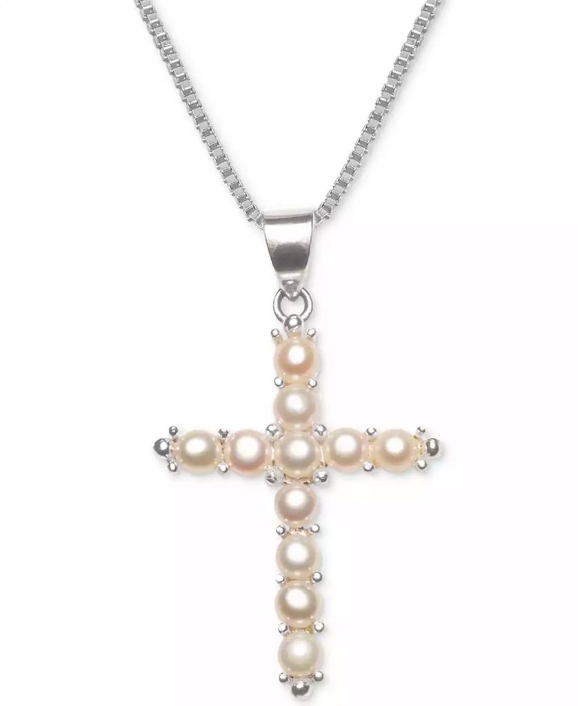 Macy's Cultured Freshwater Pearl (3-1/2mm) Cross 18" Pendant Necklace in Sterling Silver