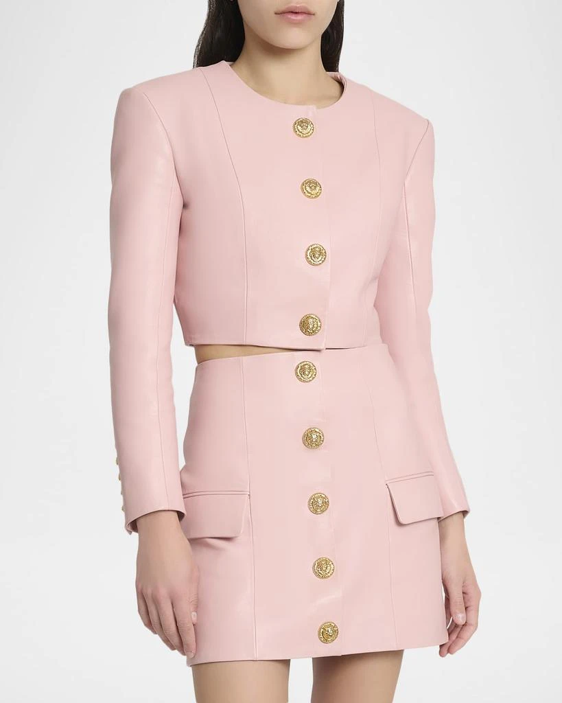 Balmain Buttoned Strong-Shoulder Leather Crop Jacket 4