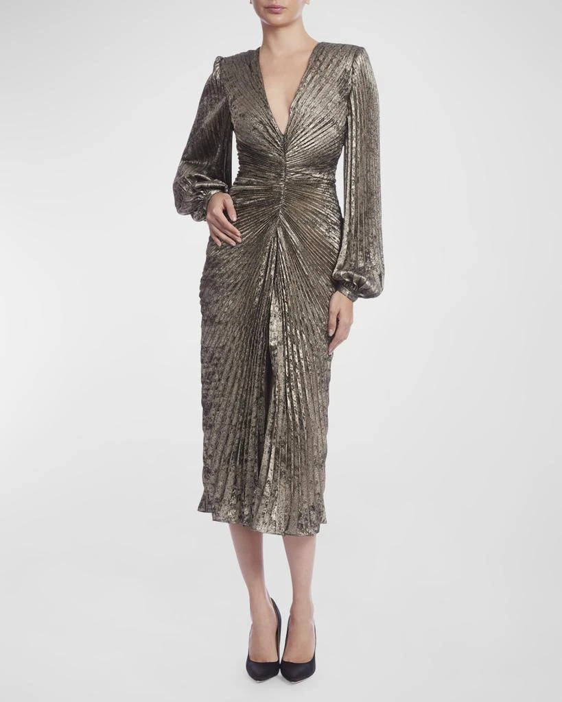 Badgley Mischka Pleated Metallic Blouson-Sleeve Midi Dress 1
