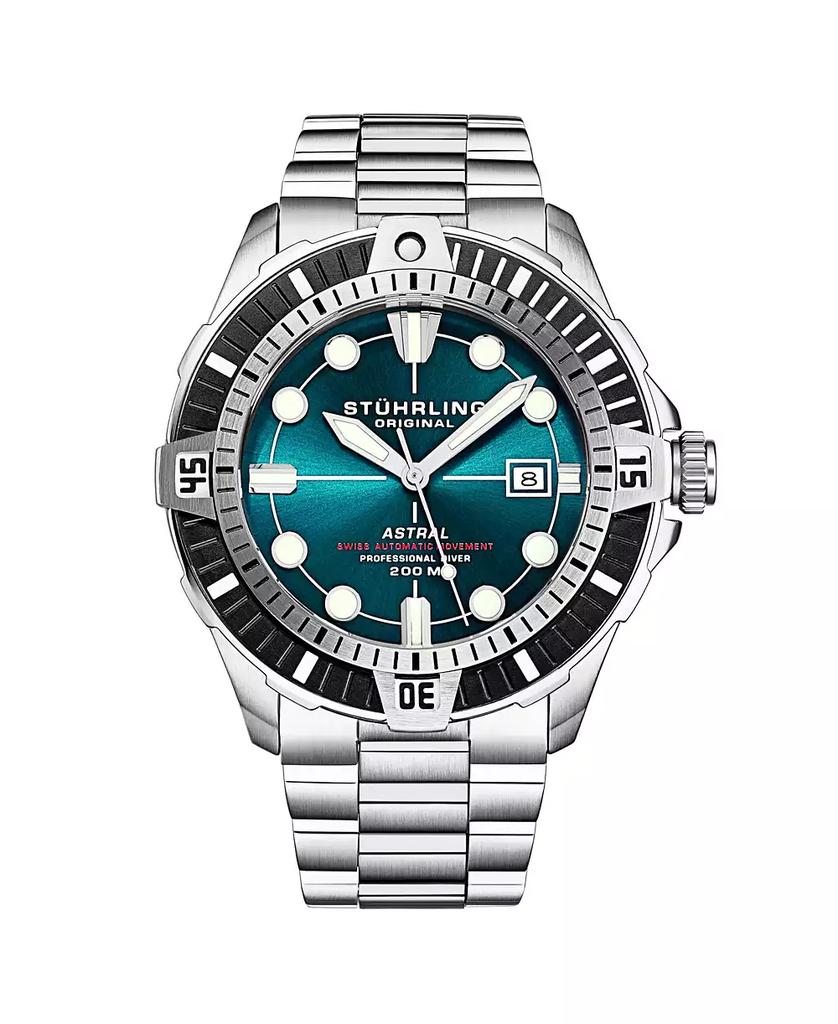 Stuhrling Men s Astral Diver 44mm Swiss Automatic Watch, Teal Dial, Stainless Steel Bracelet, Rotating Bezel, 200M Water Resistant
