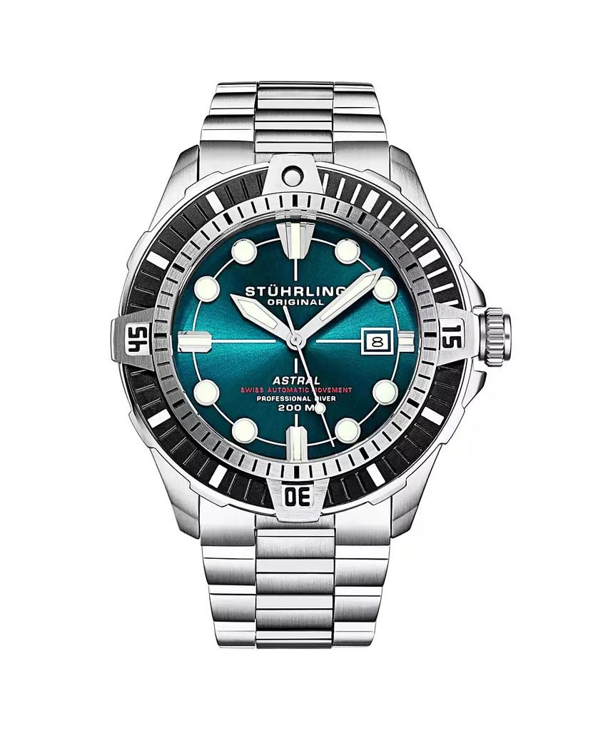 Stuhrling Men s Astral Diver 44mm Swiss Automatic Watch, Teal Dial, Stainless Steel Bracelet, Rotating Bezel, 200M Water Resistant 2