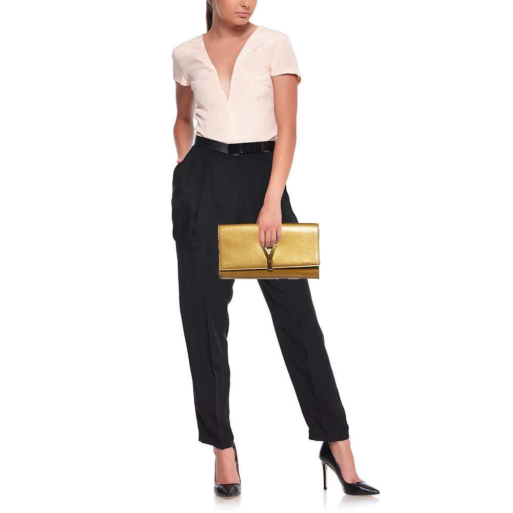 Yves Saint Laurent Yves Saint Laurent Gold Patent Leather Y-Ligne Flap Clutch 2