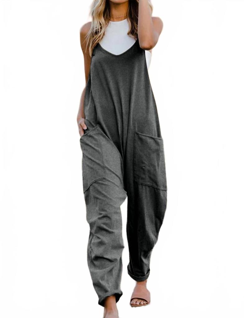 Double Take Full Size V-Neck Sleeveless Jumpsuit With Pockets In Gray