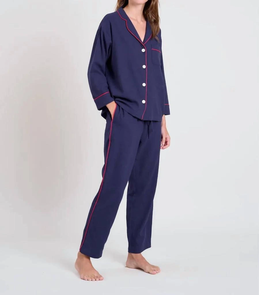 SLEEPY JONES Marina Pajama Set In Navy Flannel/red Piping 2