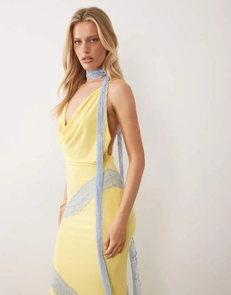 ASOS ASOS DESIGN lace cut about slinky maxi dress with scarf detail in lemon 2