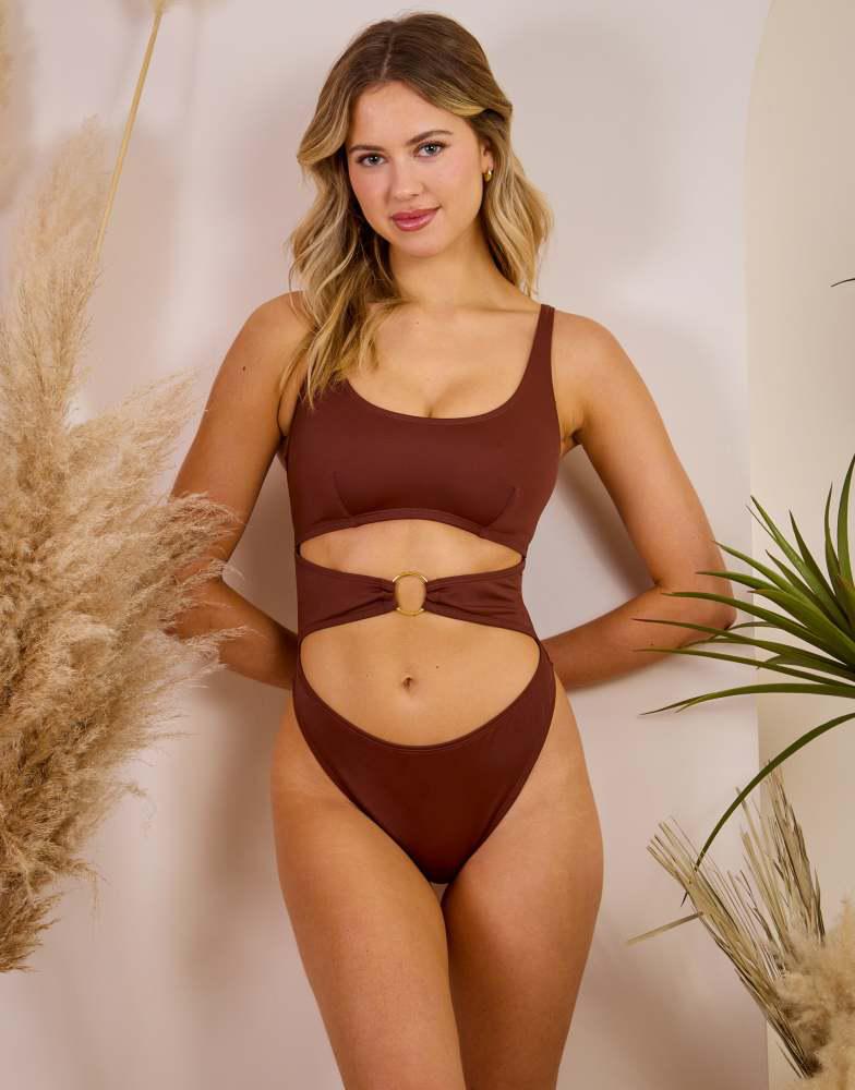 Wolf & Whistle Wolf & Whistle x Maia Andrews cut out ring front swimsuit in brown