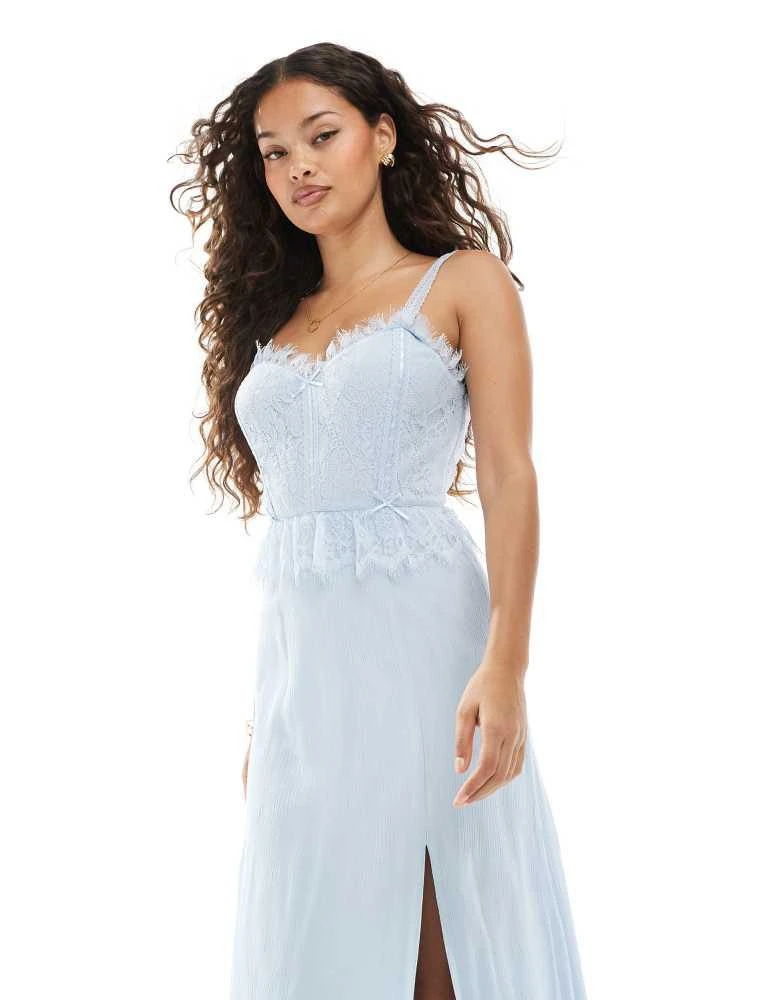 Miss Selfridge Miss Selfridge Petite cheesecloth corset dress with ribbon trims in blue 4