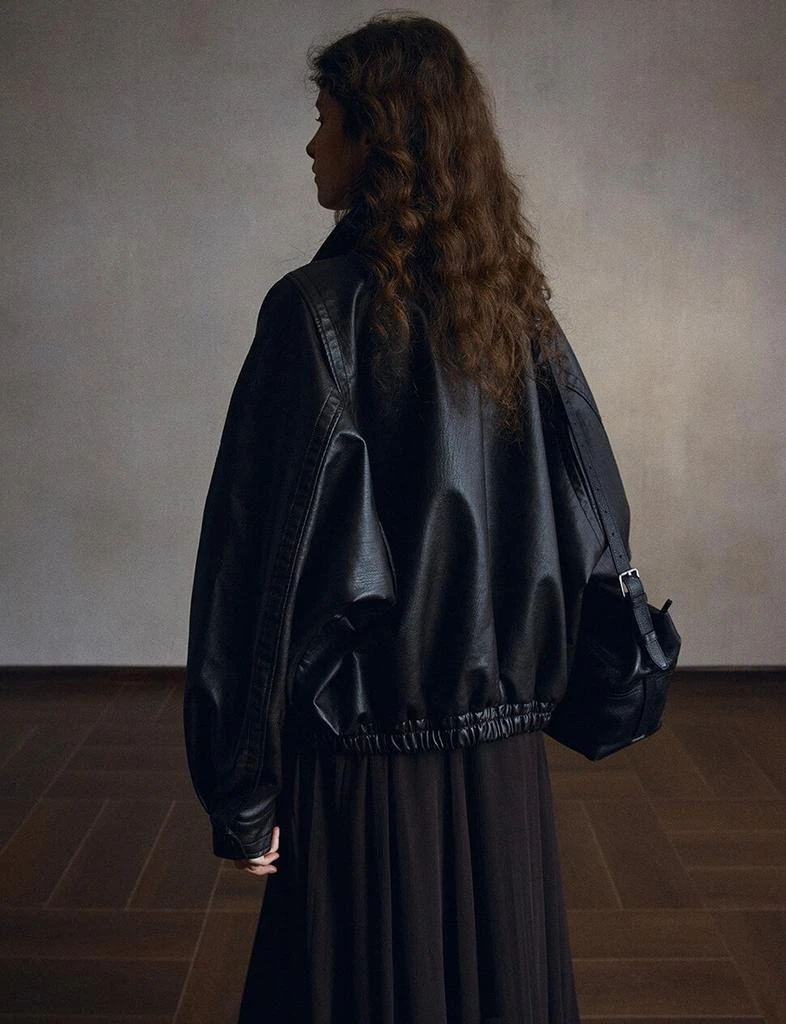 Pixie Market Black Leather Brown Funnel Neck Bomber Jacket-PREORDER 9