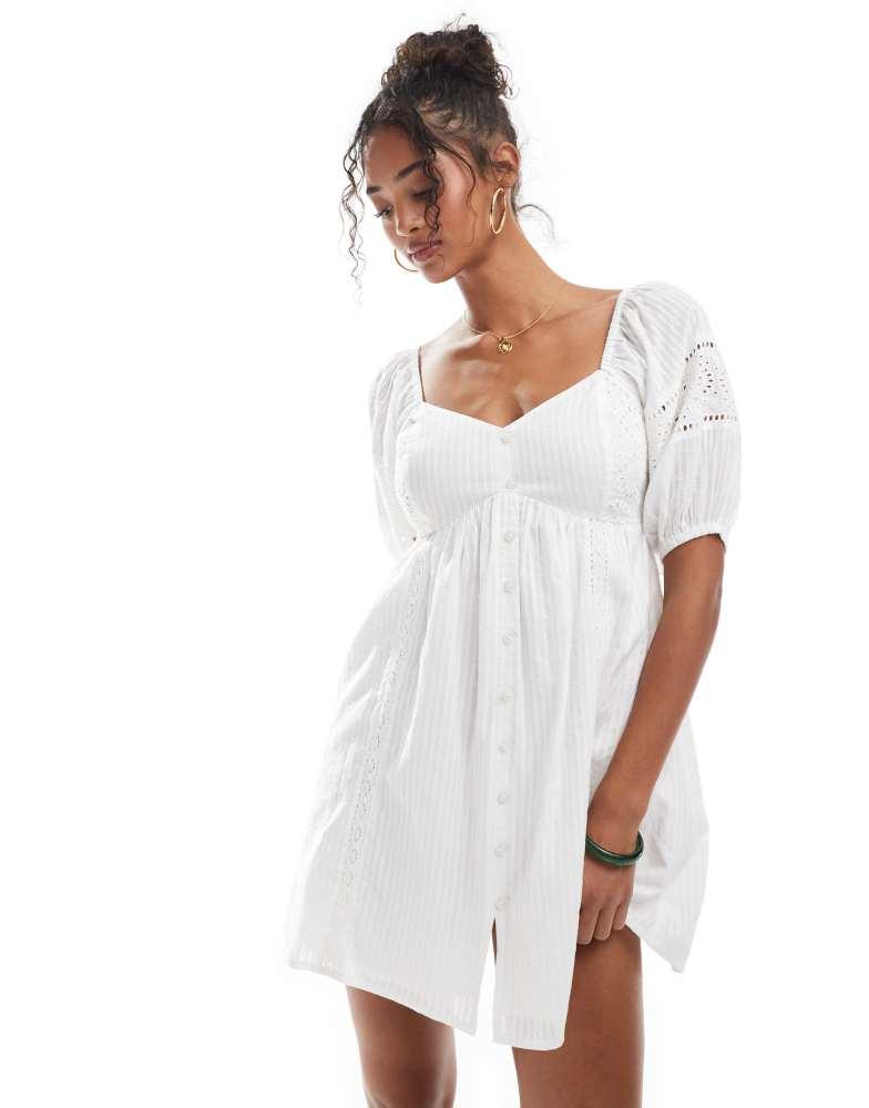 New Look New Look embroidered button through mini dress in white
