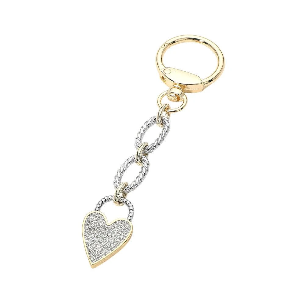 FASHNZFAB 14K Gold Plated CZ Stone Paved Heart Charm Drop Keychain Bag Charm 2