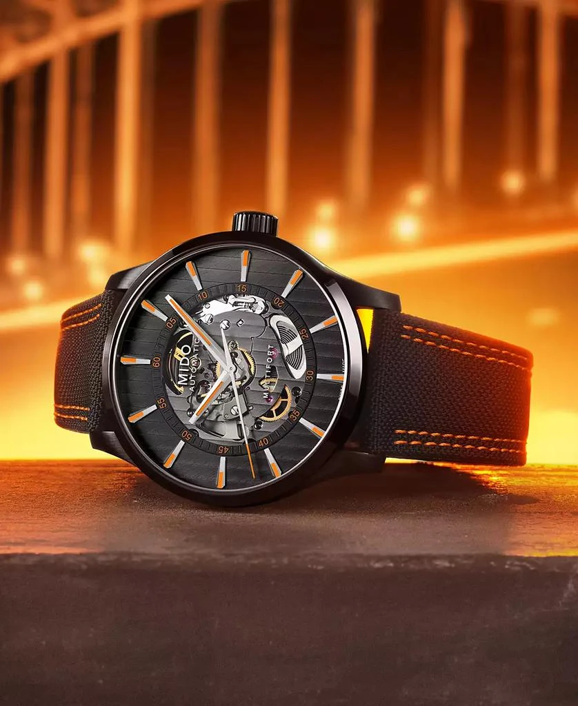 MIDO Men's Swiss Automatic Multifort Skeleton Vertigo Black and Orange Fabric Strap Watch 42mm 4