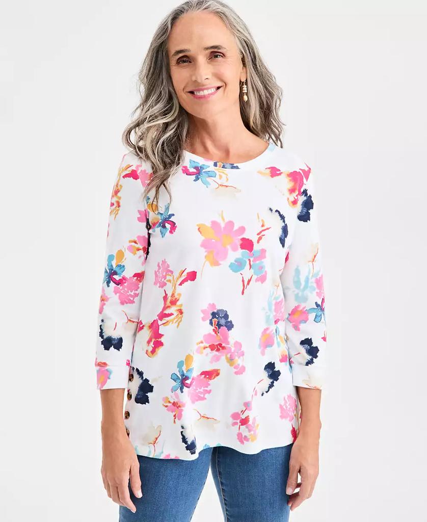 Style & Co Petite Crewneck Button Floral Essence Top