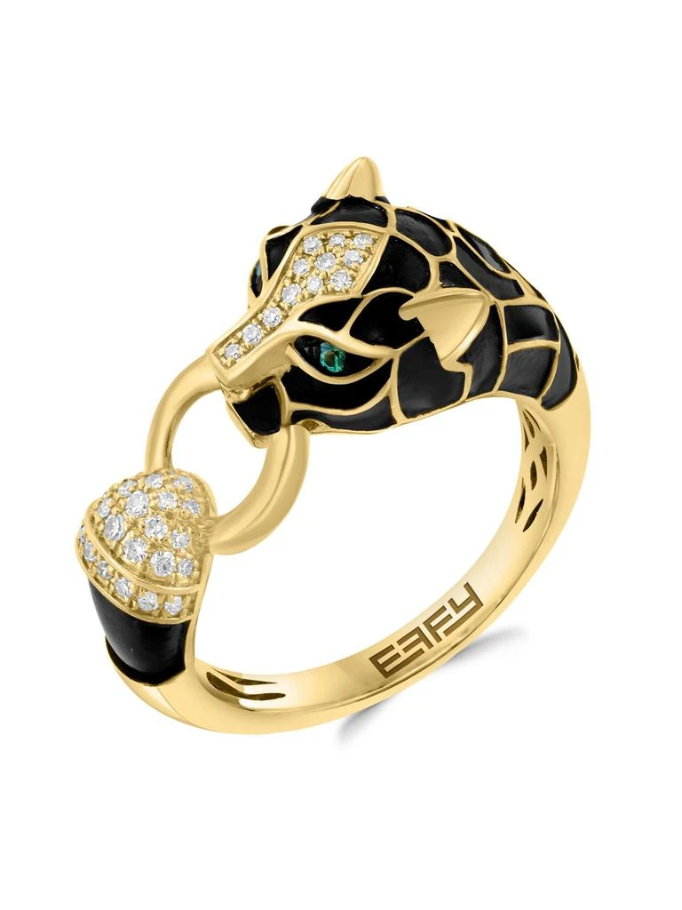 Effy 14K Yellow Gold, 0.15 TCW Diamond, Black Enamel 
Emerald Ring