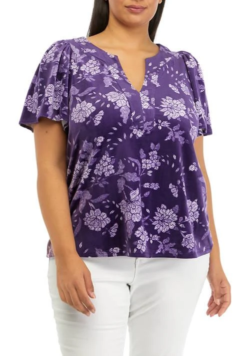 Crown & Ivy™ Ivy Plus Size Printed Top With Gathered Shoulders 1
