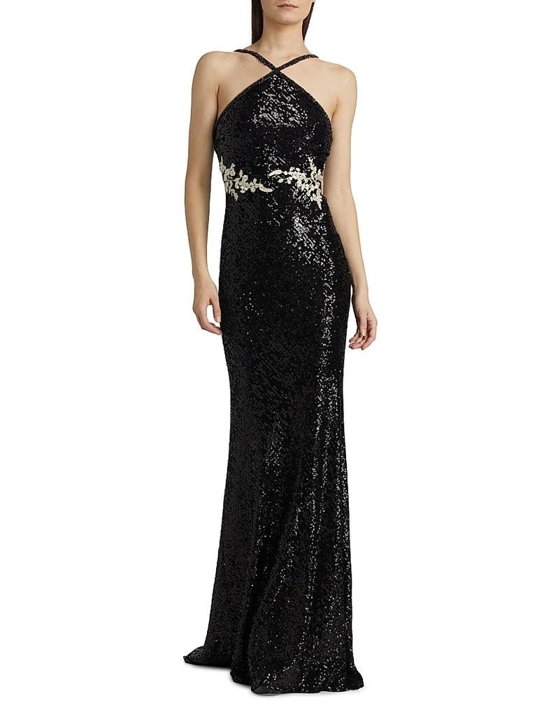 Naeem Khan Sequined Floral Appliqué Halter Gown 3