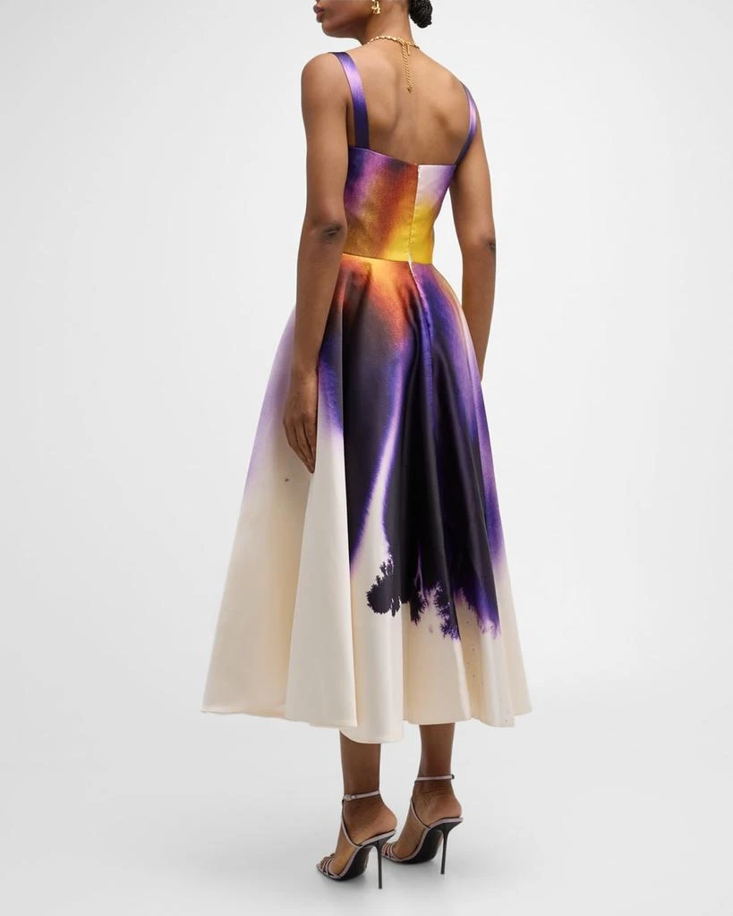 Oscar de la Renta Long Abstract Orchid Satin Fit-Flare Dress 3