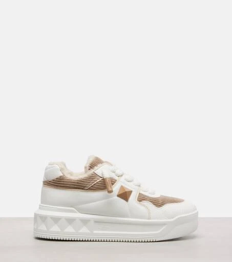 Valentino One Stud XL leather and corduroy sneakers 4