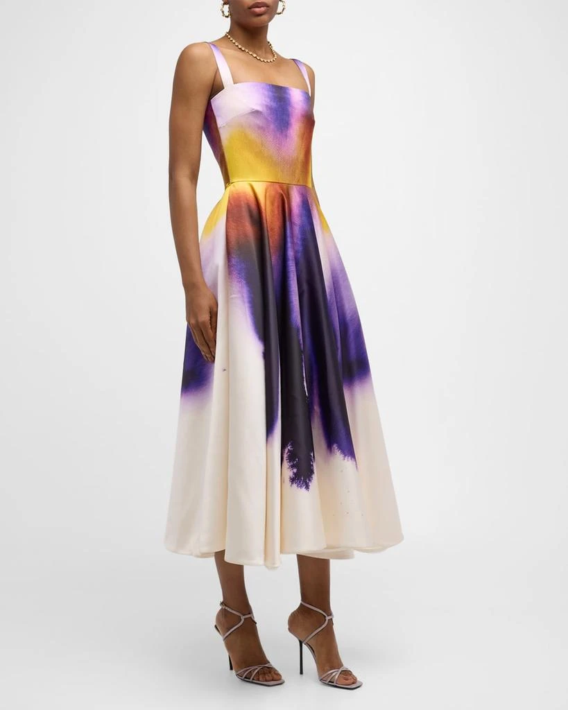 Oscar de la Renta Long Abstract Orchid Satin Fit-Flare Dress 2