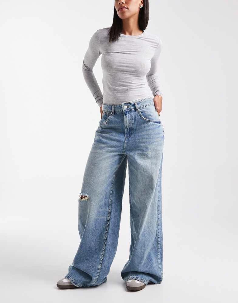 ASOS ASOS DESIGN high waisted wide leg jeans with cinch in pale vintage wash 1