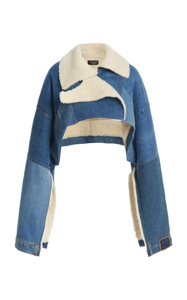 A.W.A.K.E. Mode A.W.A.K.E. MODE - Cropped Upcycled Denim And Faux Fur Jacket - Medium Wash - FR 36 - Moda Operandi 1