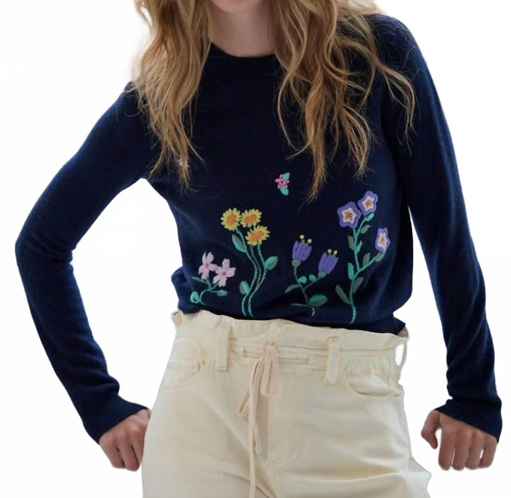 Autumn Cashmere Flowers Embroidered Crew Sweater In Navy Combo