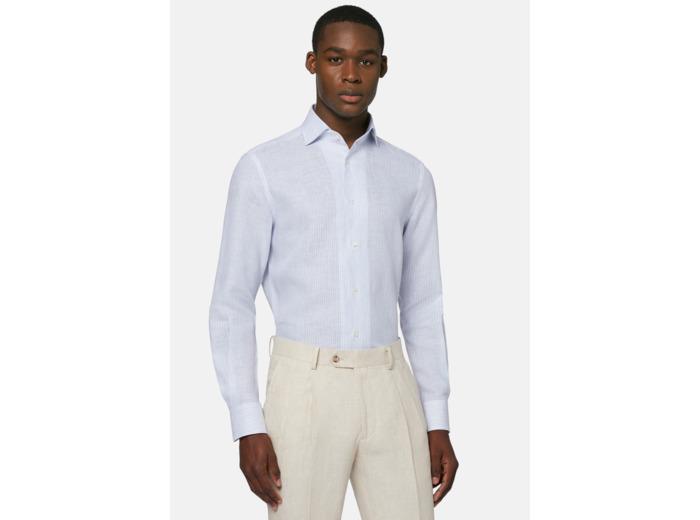 Boggi Milano Chemise À Rayures Bleu Clair En Lin Coupe Droite