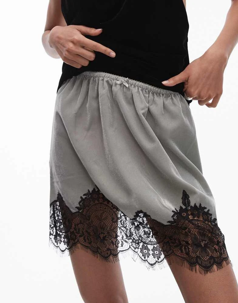 Topshop Topshop velvet mini skirt in silver sage with black lace trim 2