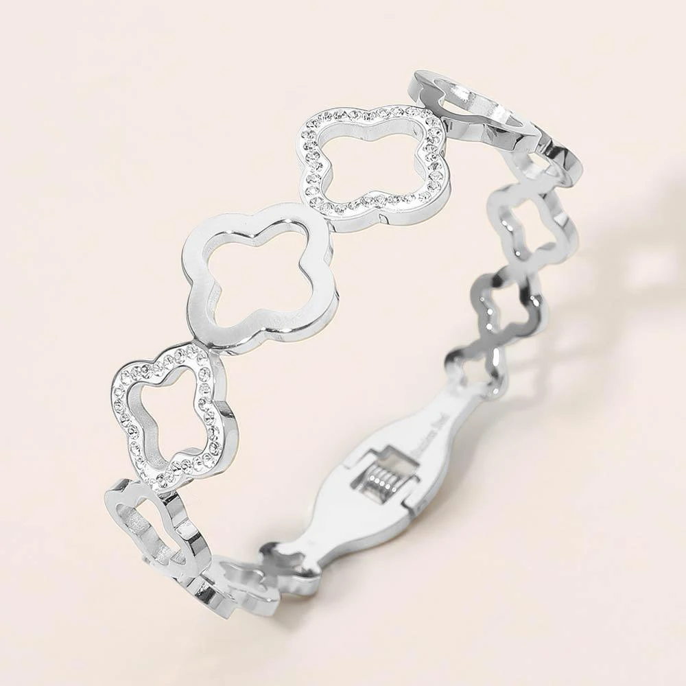 FASHNZFAB Stainless Steel CZ Pave Accent Open Quatrefoil Link Hinged Bangle Bracelet
