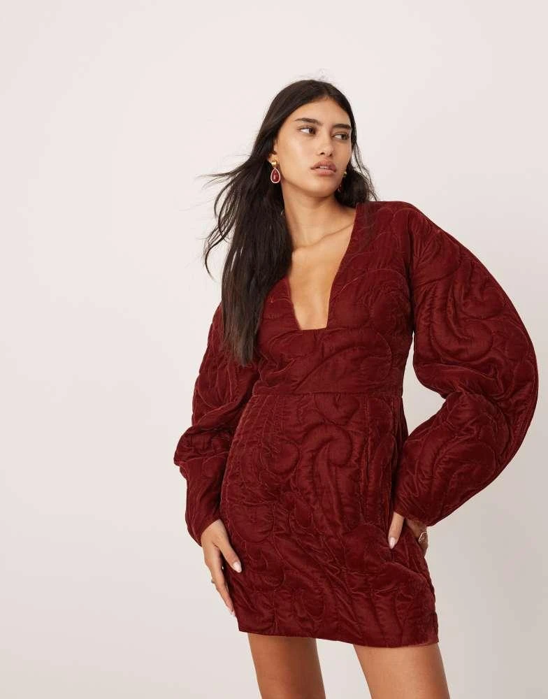 ASOS ASOS EDITION velvet embroidered quilted plunge mini dress with sleeve detail in burgundy 1