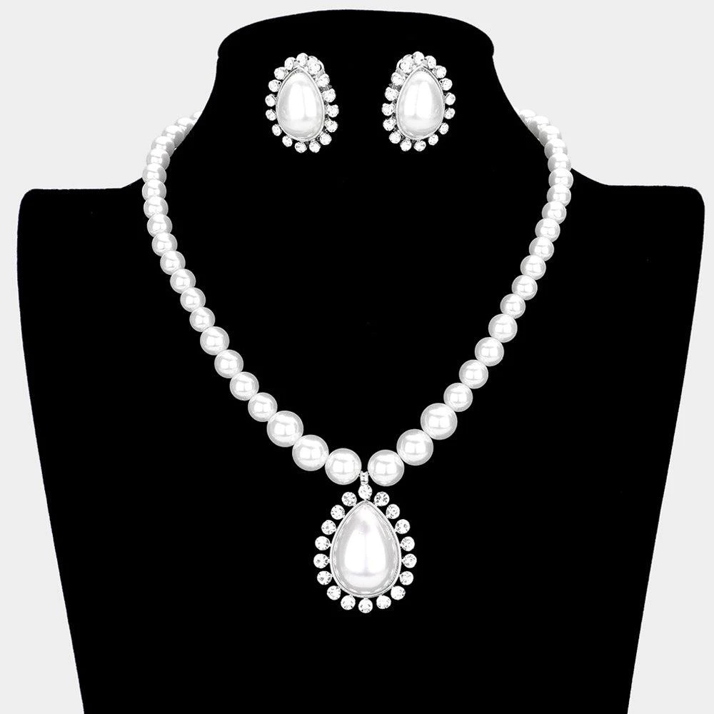 FASHNZFAB Crystal Trim Pearl Teardrop Pendant Necklace