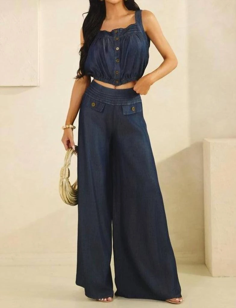 THE SANG Sage Bubble Hem Top And Pant Set In Washed Denim