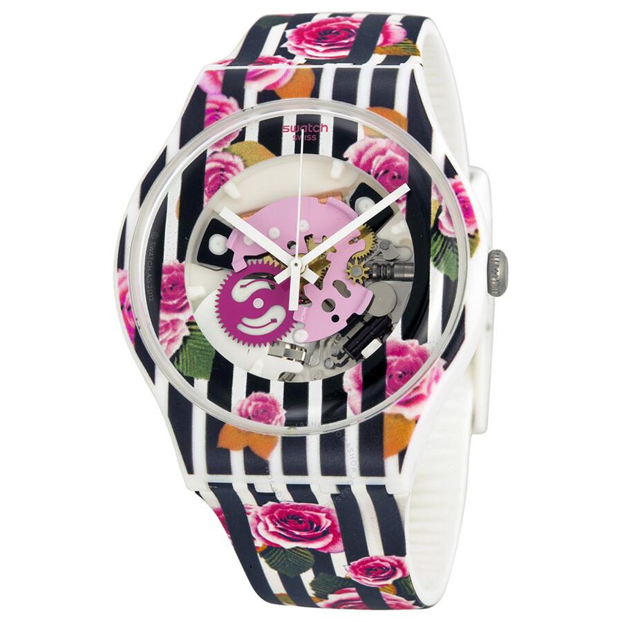 Swatch Rose Explosion Rose Patterned See Through Dial Rose Patterned Silicone  Unisex Watch SUOW110