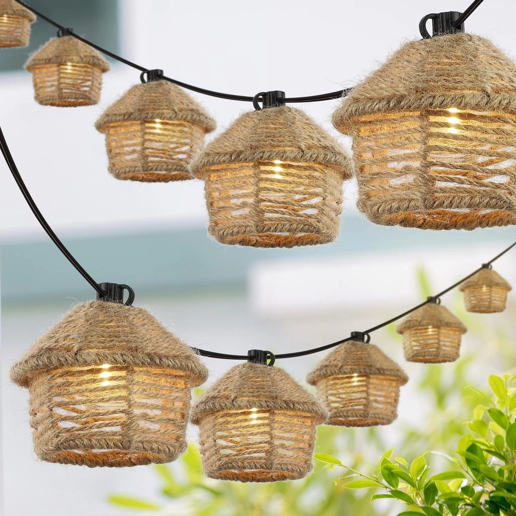 JONATHAN Y Maui 10-Light Indoor/Outdoor 10 ft. Mid-Century Vintage Incandescent G40 Tiki Hut Hemp Rope Shaded String Lights, Brown 1