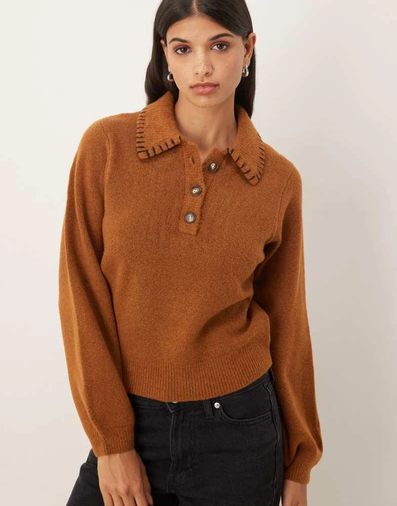 ASOS ASOS DESIGN blanket stitch collared polo in toffee
