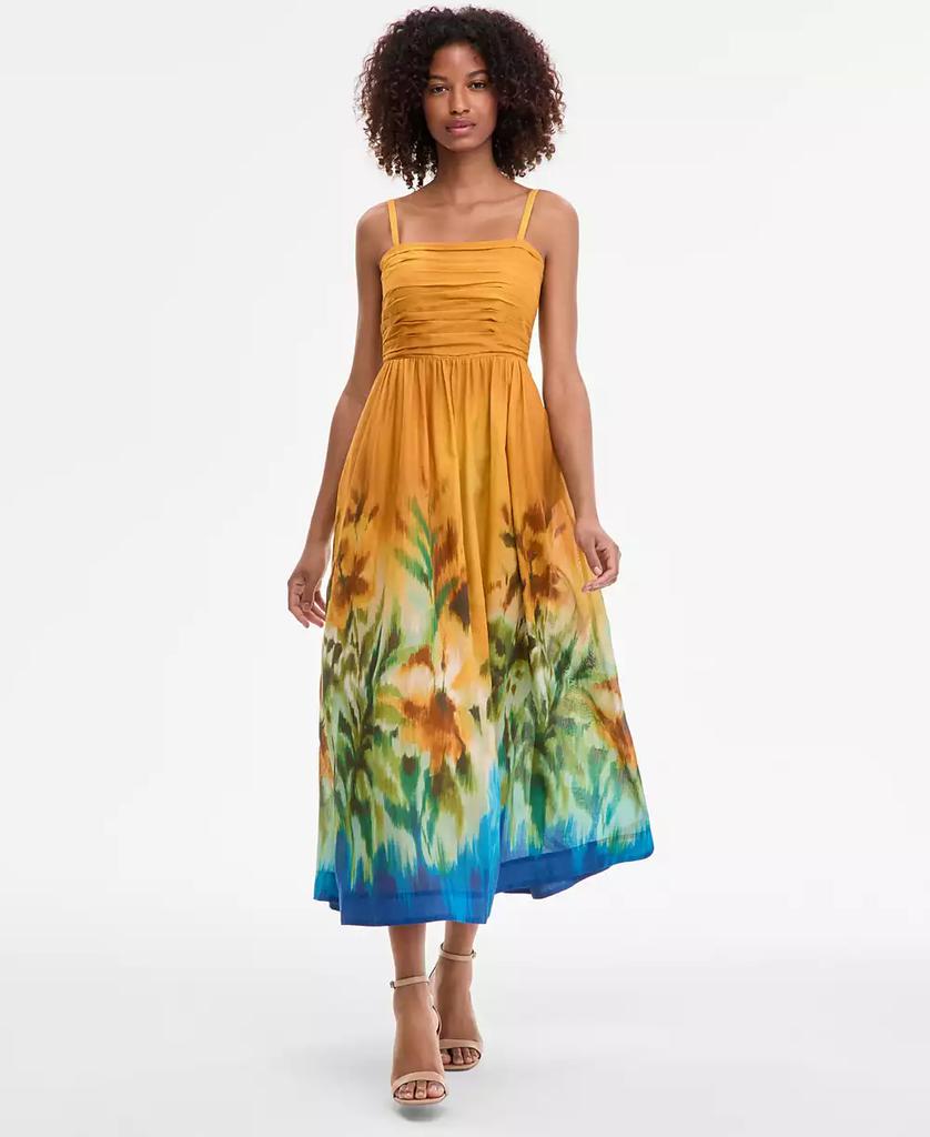 Tahari Women's Ruched-Bodice Border-Print Midi Dress