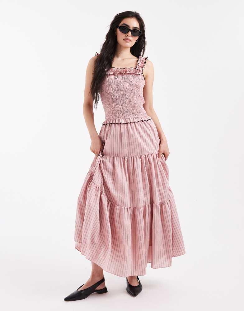Daisy Street Daisy Street shirrred bodice and ruffle strap maxi dress in pink stripe