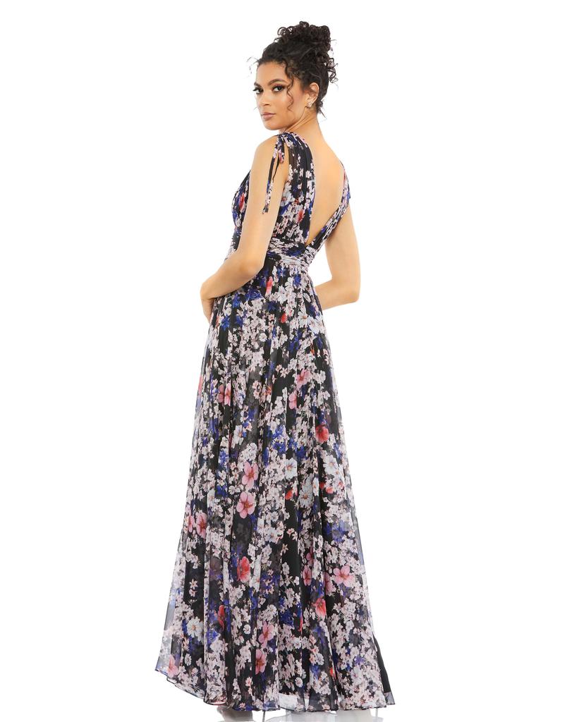 Ieena for Mac Duggal Floral Tie Shoulder V-Neck Maxi Dress