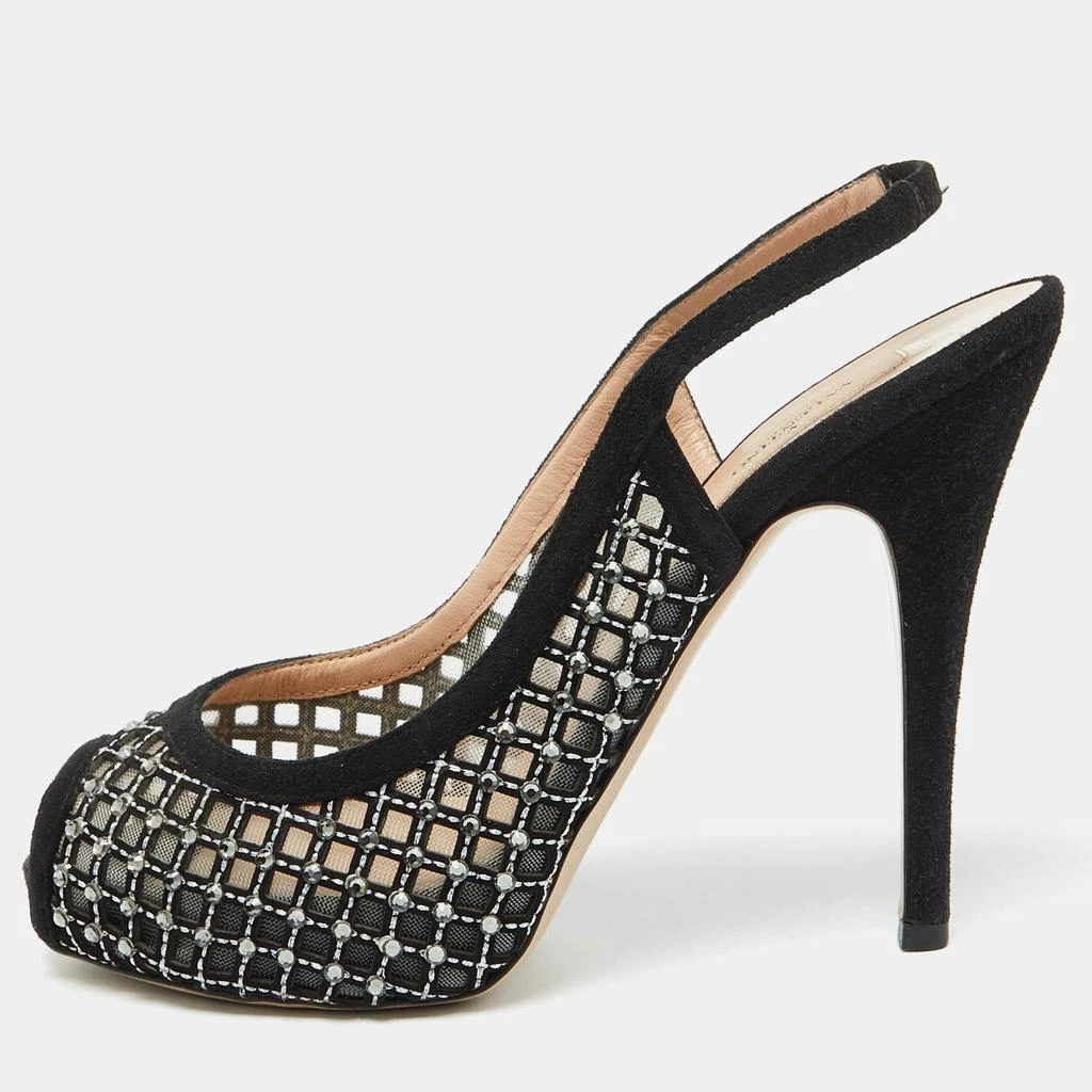 Valentino Valentino Black Mesh and Suede Crystal Embellished Peep Toe Pumps Size 38.5 1
