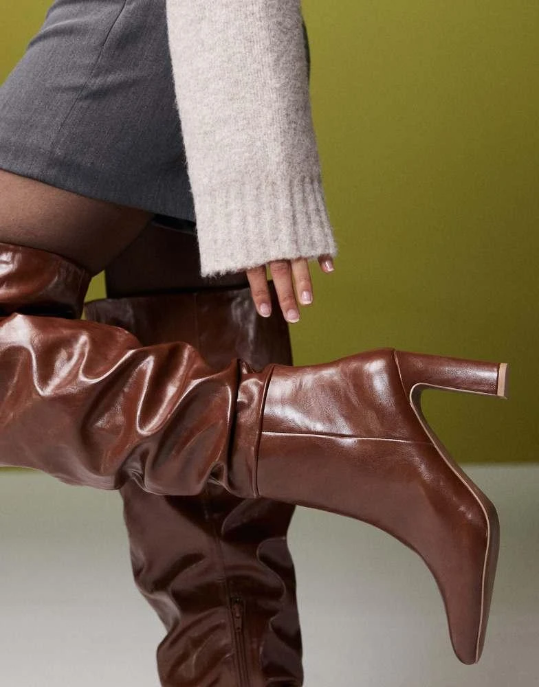 ASOS ASOS DESIGN Kaia block heeled ruched over the knee boots in tan 3