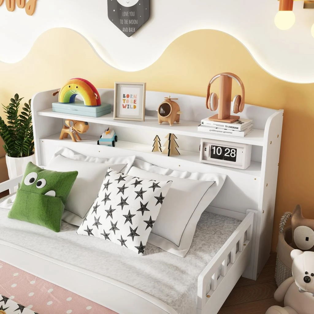 Streamdale Furniture Streamdale Pine Wood Bed with Bookcase Headboard, LED 
Guardrails, White 3