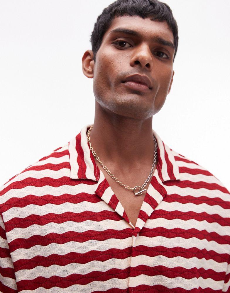 Topman Topman short sleeve stripe crochet holiday shirt in red