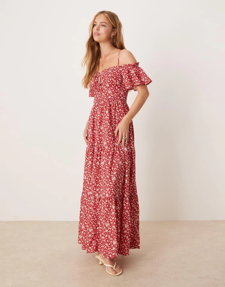 Kiss The Sky Kiss The Sky off-shoulder ditsy floral tiered midi dress in red 1