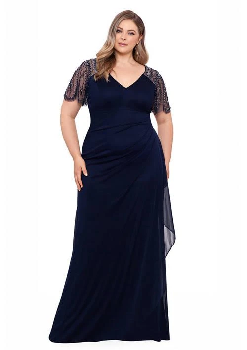 XSCAPE Plus Size Solid Embroidered Top Ruched Gown 1