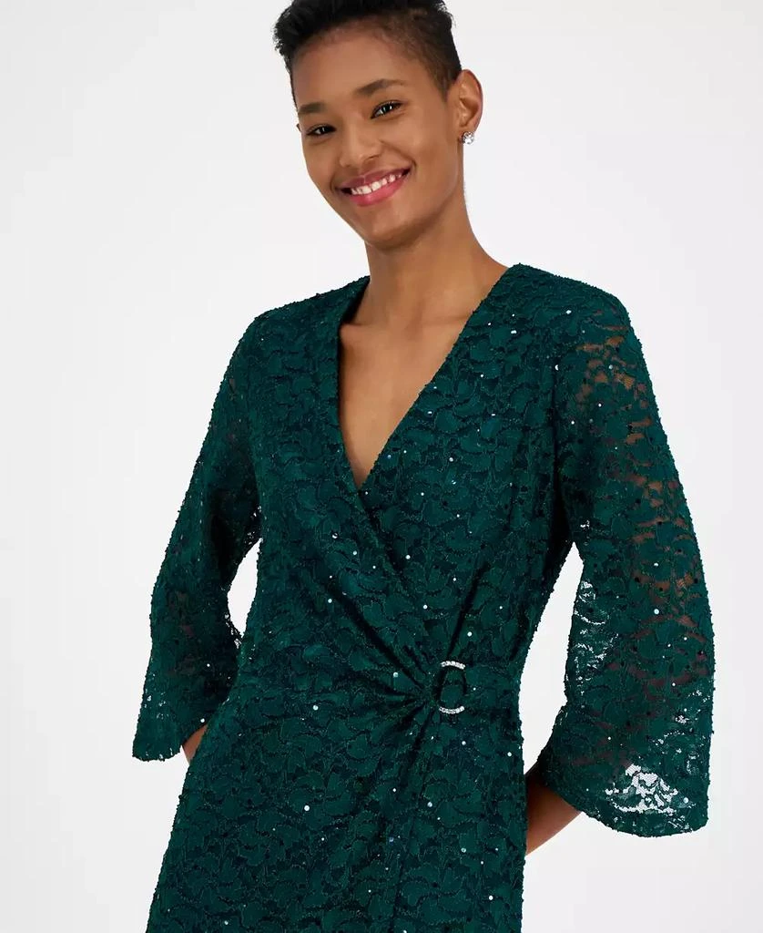 Connected Women's Sequin-Lace 3/4-Sleeve Faux-Wrap Dress 4