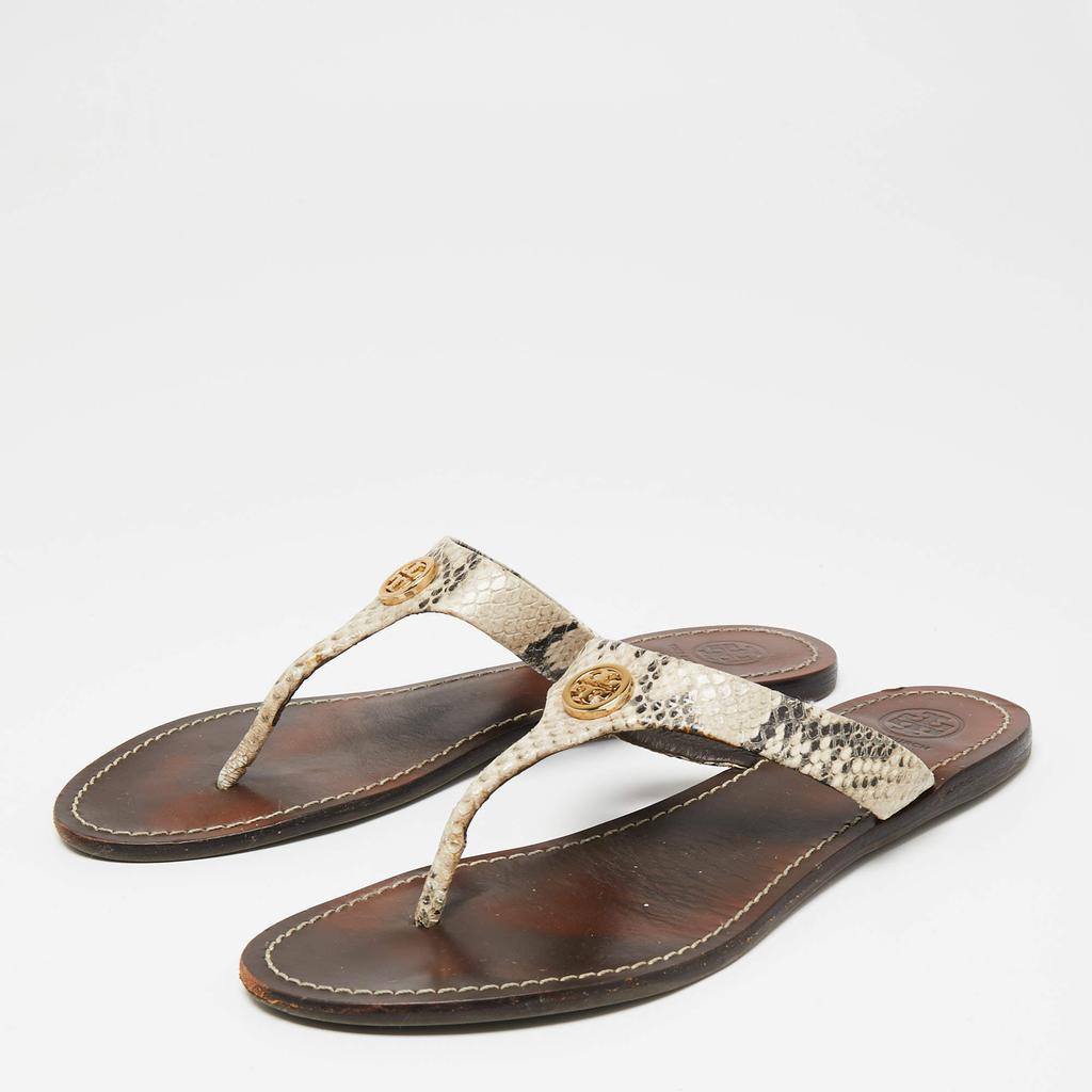 Tory Burch Tory Burch Beige/Black Snakeskin Embossed Leather Flat Thong Sandals Size 38.5