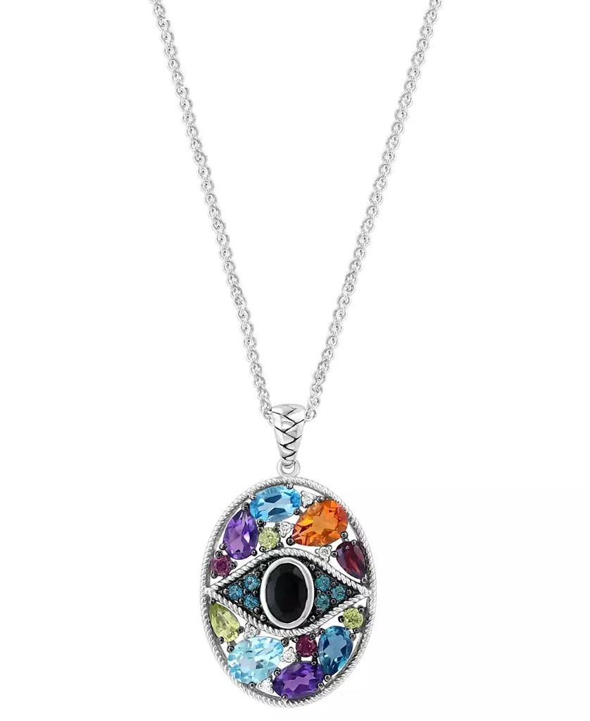 Effy EFFY® Onyx, Multi-Gemstone (4-5/8 ct. t.w.) & Diamond (1/20 ct. t.w.) Evil Eye Cluster 18" Pendant Necklace in Sterling Silver 1