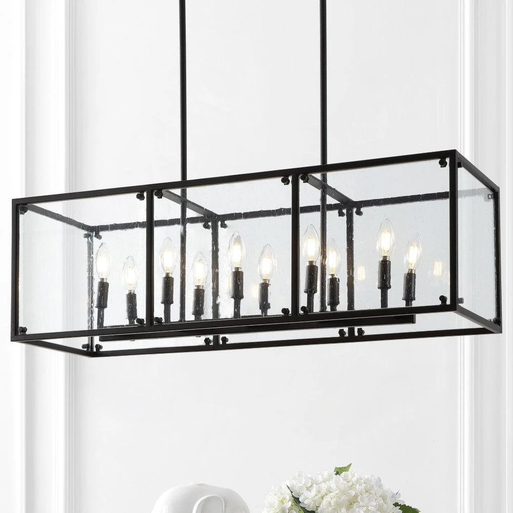 JONATHAN Y Paysan 35" Linear 10-Light Adjustable Iron/Seeded Glass Rustic Farmhouse LED Pendant 3