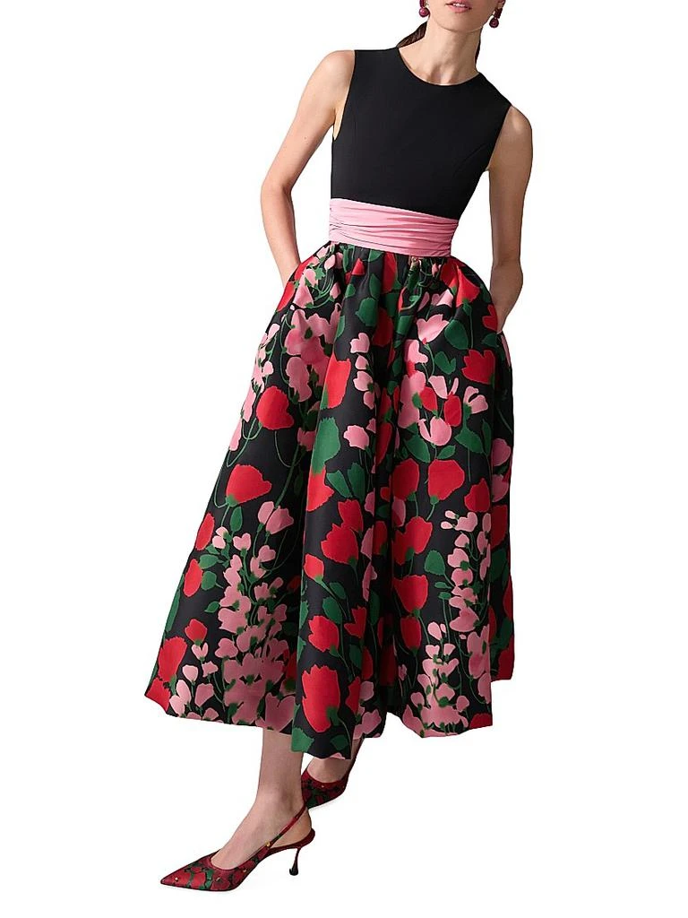 Carolina Herrera Floral Silk Two-Tone Cummerbund Waist Midi-Dress 4