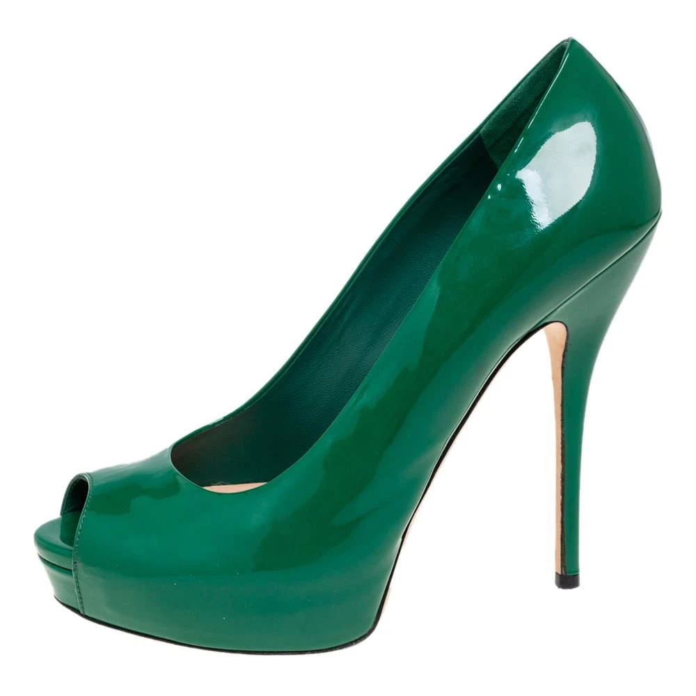 Gucci Gucci Green Patent Leather Peep Toe Platform Pumps Size 38.5 2