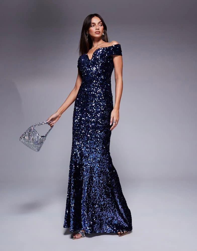 Goddiva Goddiva Sequin velvet bardot evening maxi dress in midnightblue -  Dresses & Skirts - Free Shipping - BeyondStyle